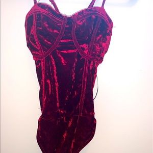 Red velvet bodysuit with thong bottom